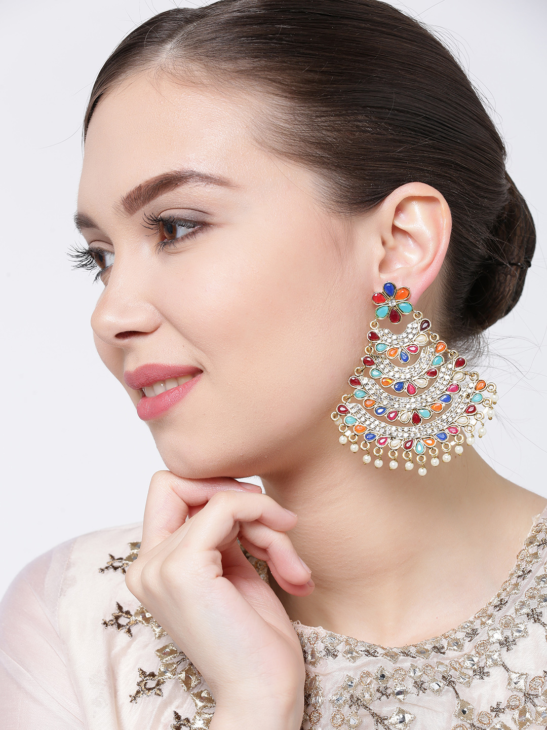 YouBella Multicoloured Gold-Plated Stone-Studded Beaded Chandbalis